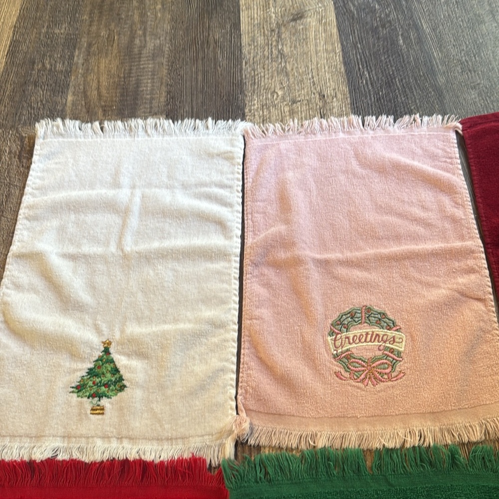 Vintage Set Of 6 Hand Guest Towels Christmas Holiday Fringe Cotton Embroidered - Picture 8 of 16